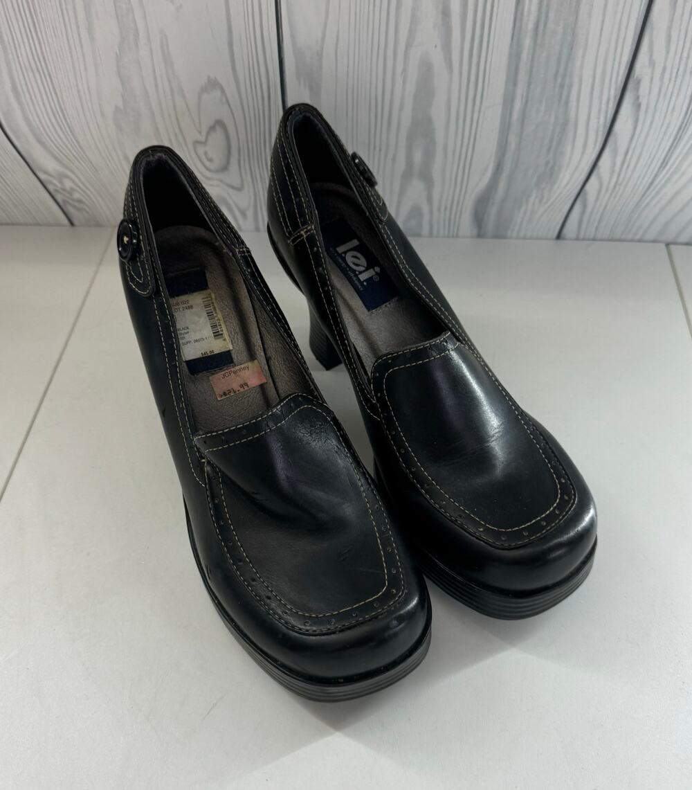 Vtg 90s Y2K lei Size 9 Loafer Heels Shoes Black Platform Leather Chunky